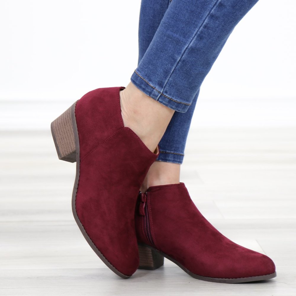 Vegan Suede Fall Color  Burgundy Ankle Booties - Picture 3 of 10